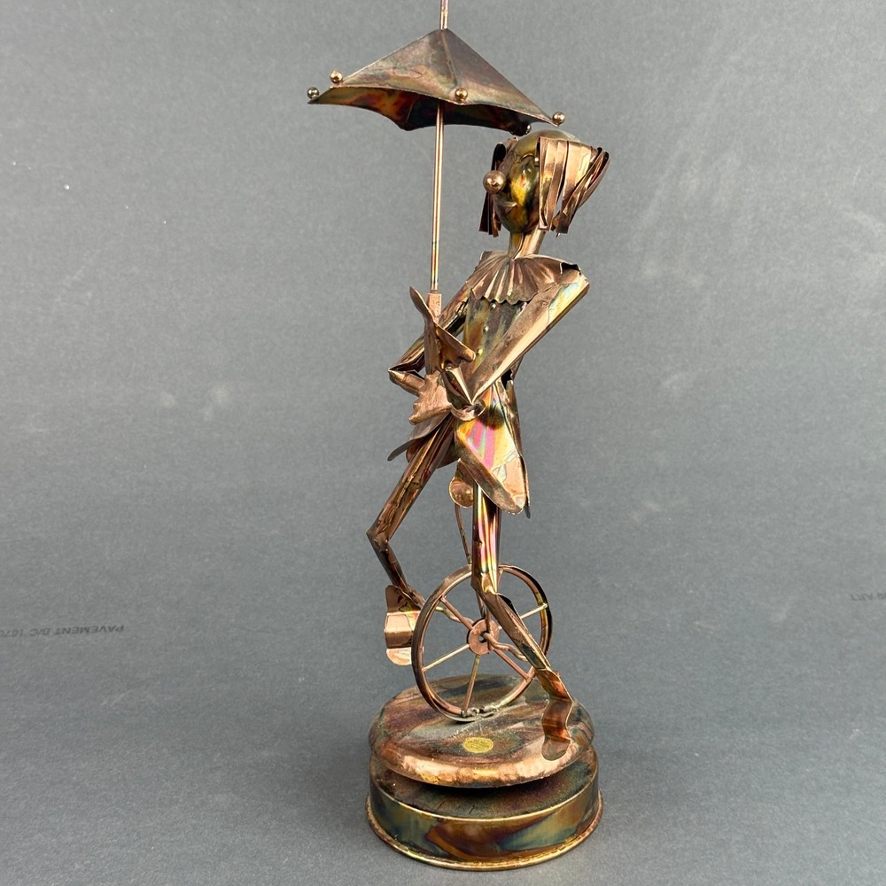 Vintage Copper Tone Musical Unicycle Clown Sculpture – Sankyo Music Box – Works